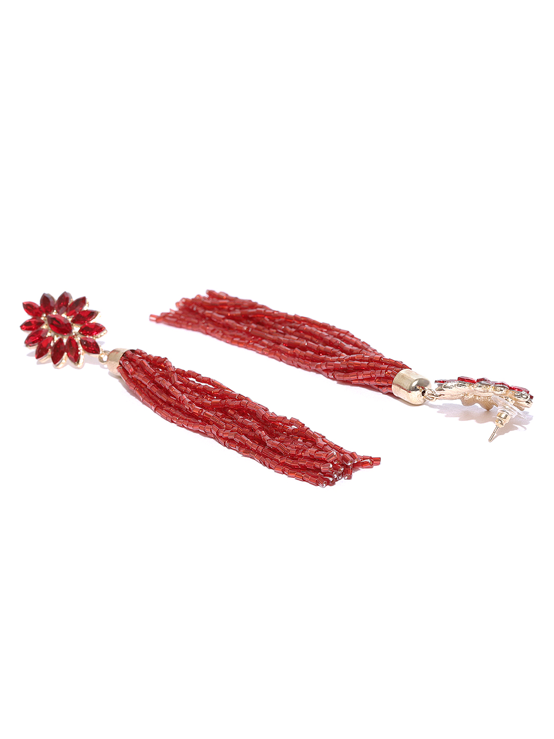YouBella Red Gold-Plated Tasselled Contemporary Drop Earrings